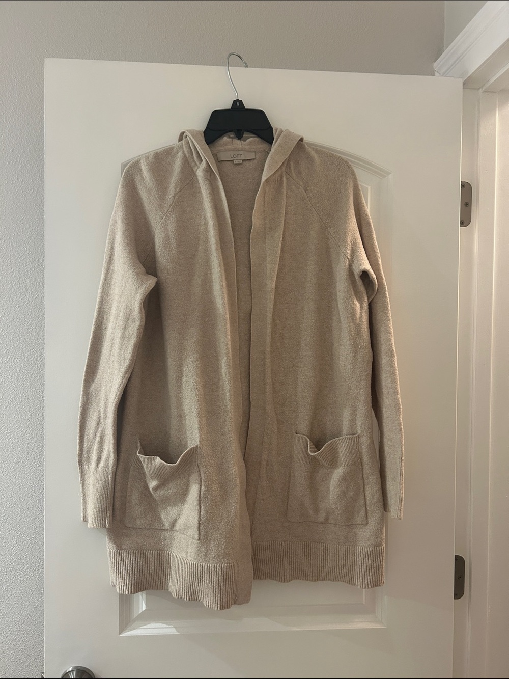 LOFT Cream Hooded Open-Front Cardigan with Patch Pockets